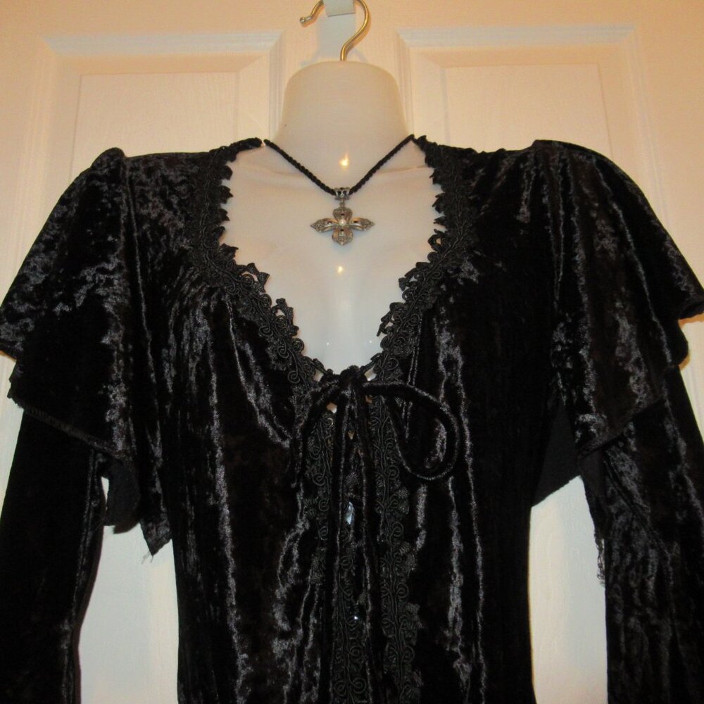 Vintage Crushed Velvet Goth Gown Bell Sleeves Dramatic Cross Chain Small EUC - Picture 10 of 15